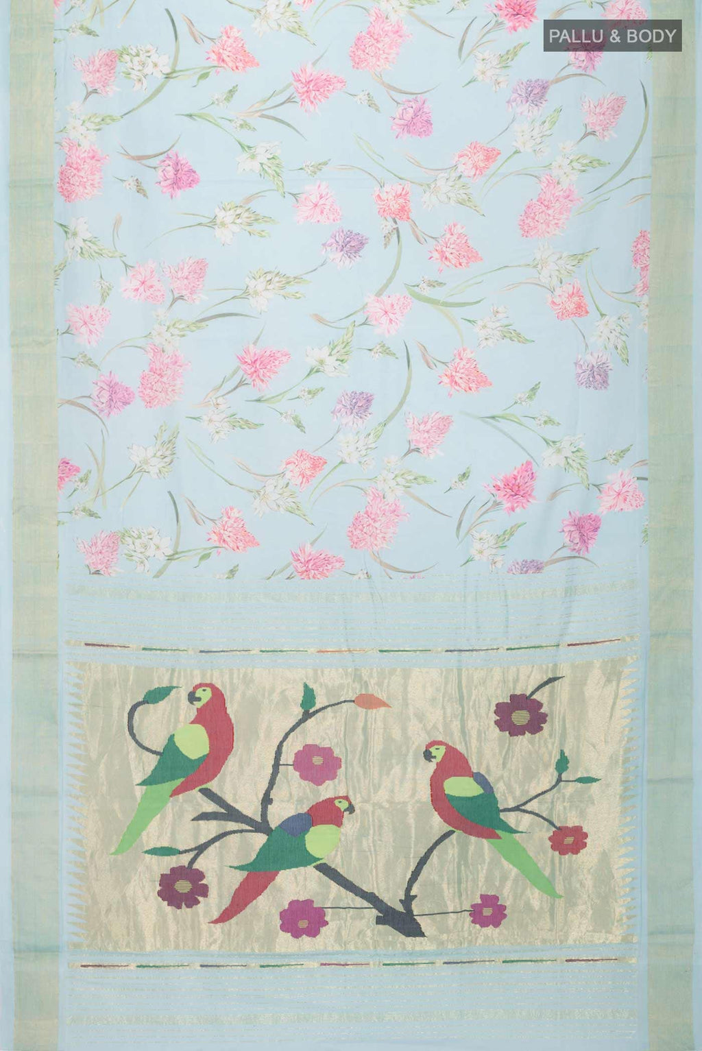 Flat view of Blue Paithani Cotton SareePrinted design on the body and Zari Border