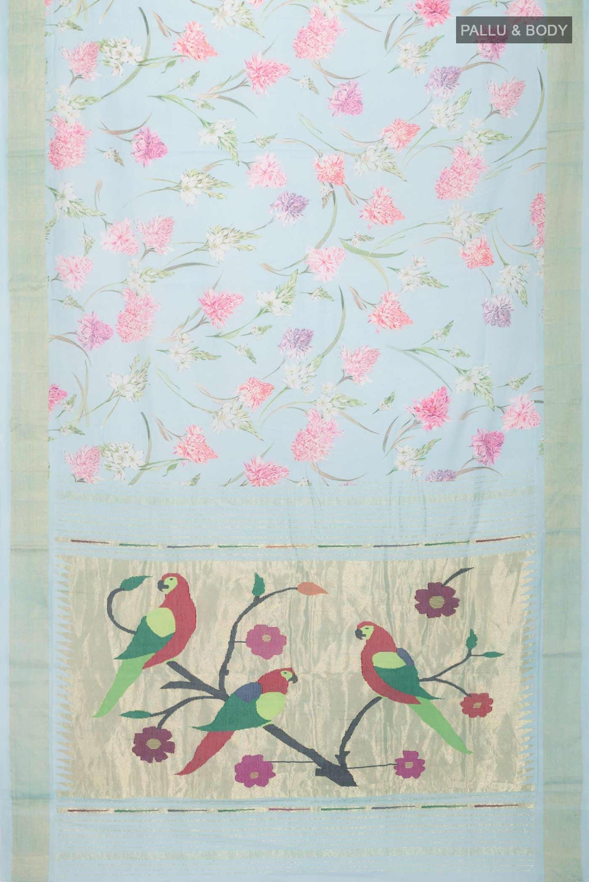 Flat view of Blue Paithani Cotton SareePrinted design on the body and Zari Border