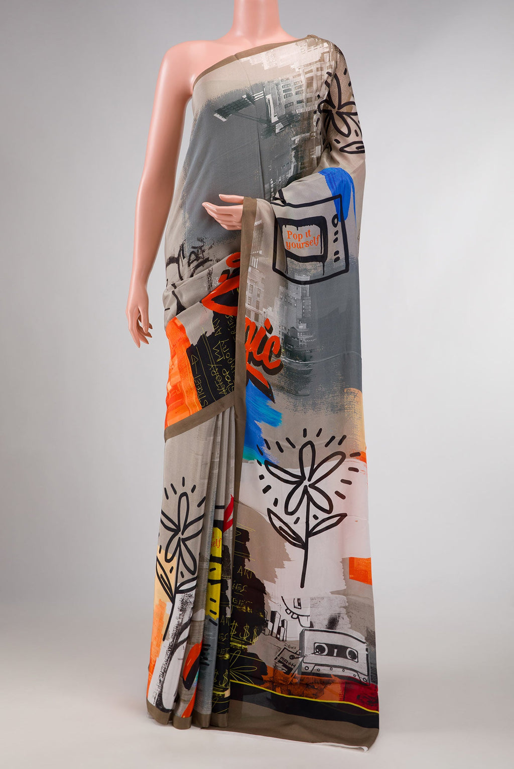 Grey Dual Tone Mysore Georgette SareePrinted design on the body and Plain Border displayed on a mannequin
