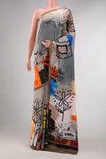 Grey Dual Tone Mysore Georgette SareePrinted design on the body and Plain Border displayed on a mannequin