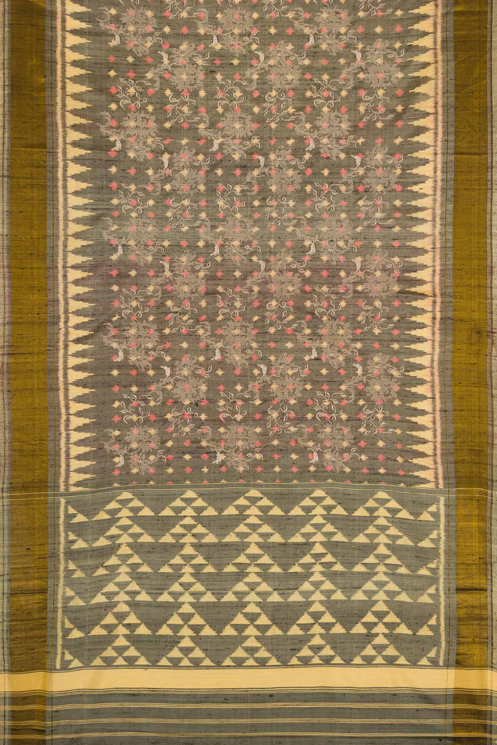 Flat view of Grey Dual Tone Rajkot Patola Silk Saree with Ikat Print on the body and Zari Border