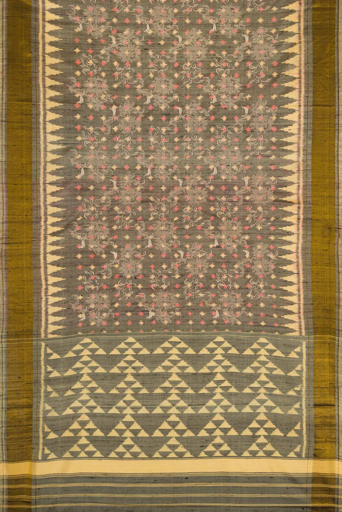 Flat view of Grey Dual Tone Rajkot Patola Silk Saree with Ikat Print on the body and Zari Border