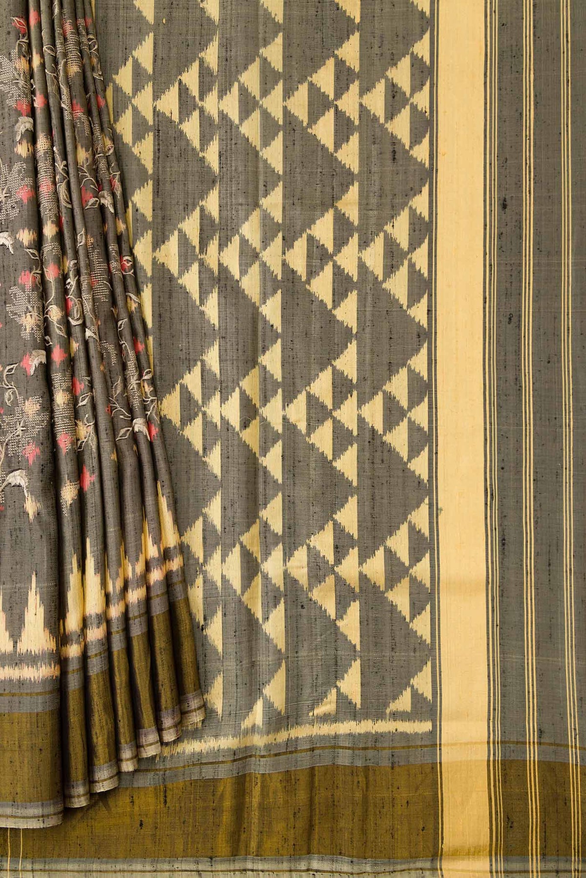 Pleats and pallu of Grey Dual Tone Rajkot Patola Silk Saree with Ikat Print on the body and Zari Border