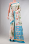 Off White Dual Tone Double Ikat Saree with Ikat Print on the body and Zari Border displayed on a mannequin