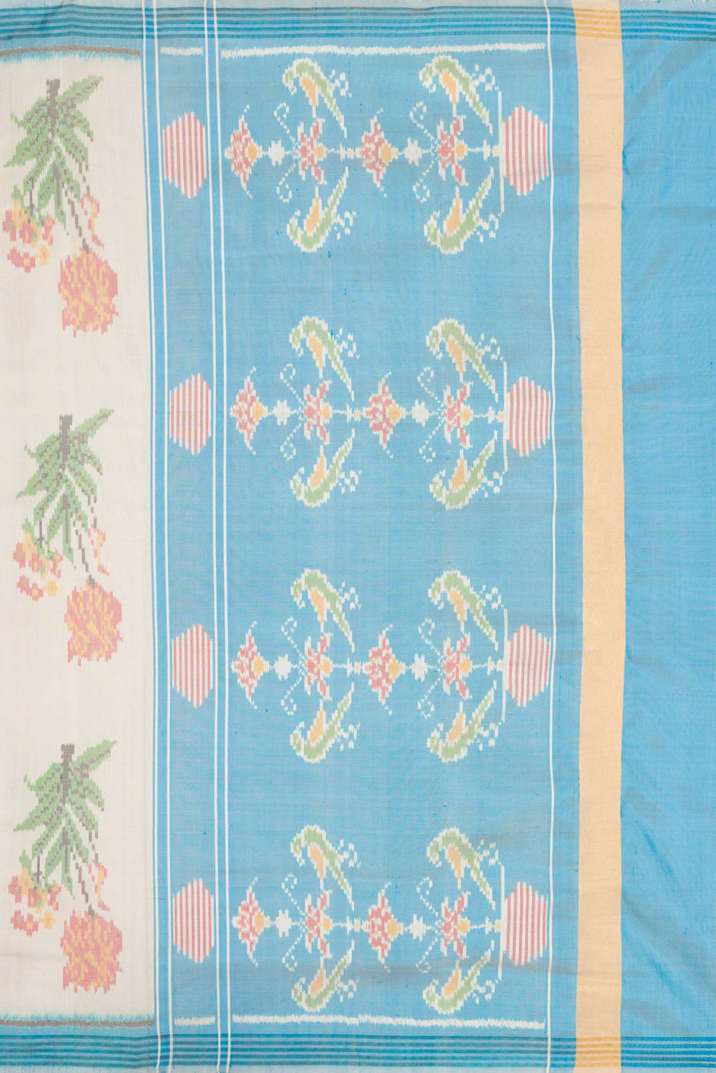 Close up image of the pallu of Off White Dual Tone Double Ikat Saree with Ikat Print on the body and Zari Border