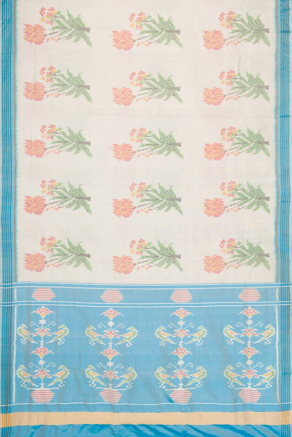 Flat view of Off White Dual Tone Double Ikat Saree with Ikat Print on the body and Zari Border