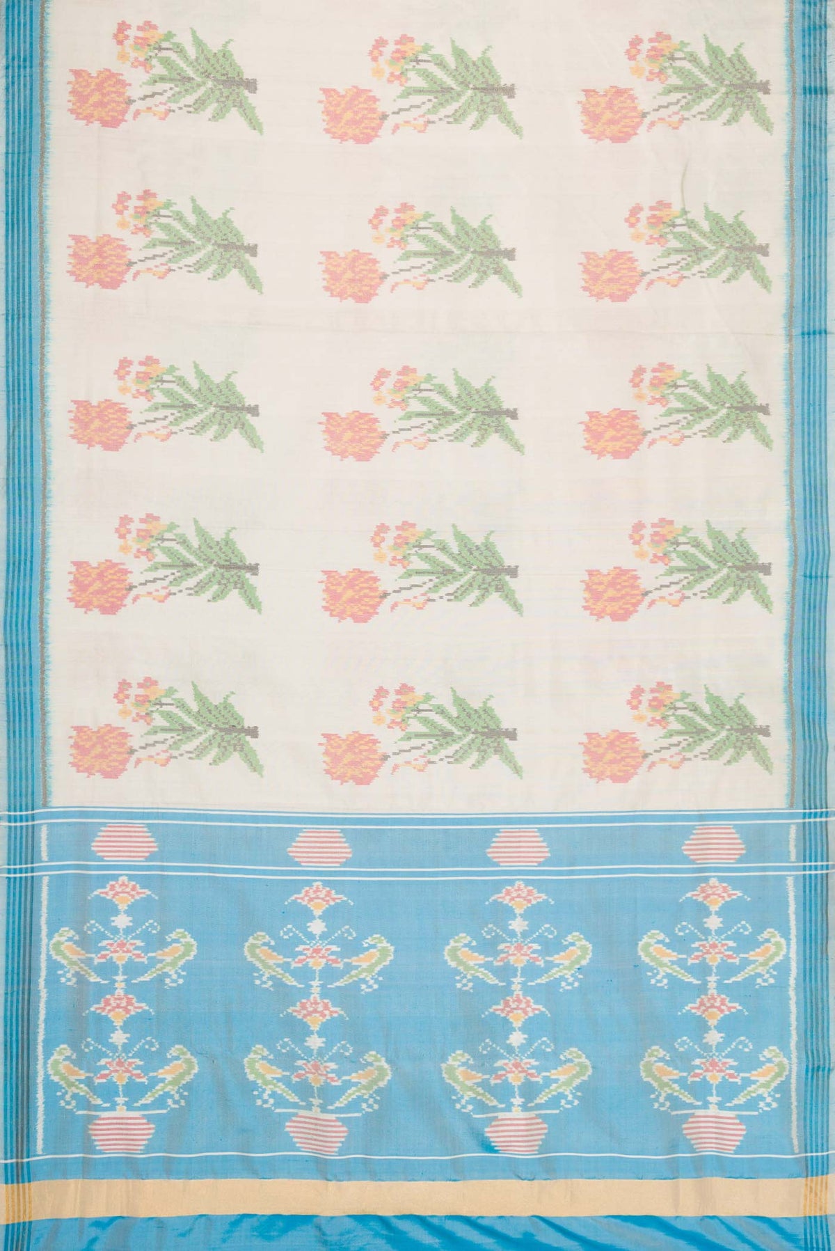 Flat view of Off White Dual Tone Double Ikat Saree with Ikat Print on the body and Zari Border