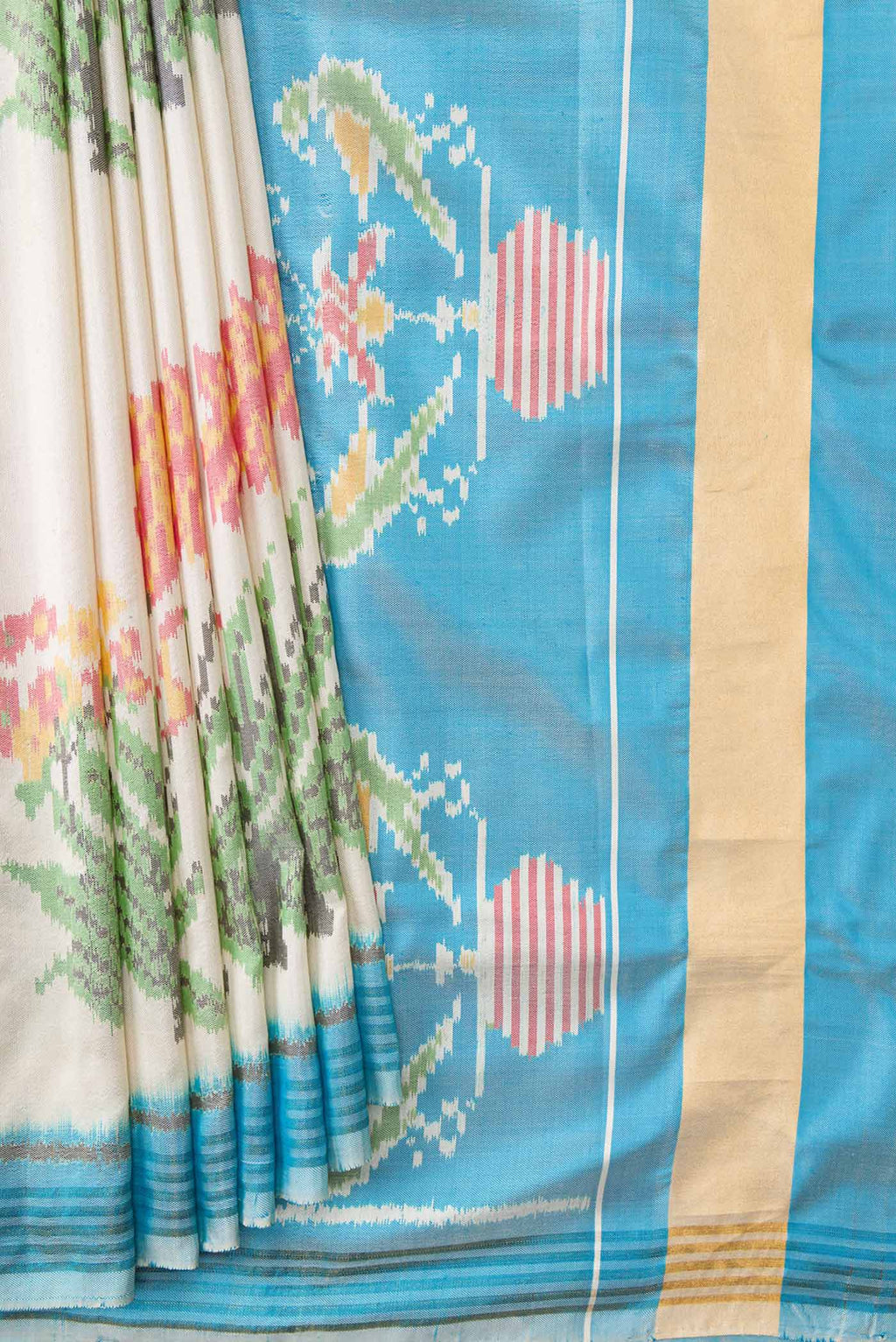 Pleats and pallu of Off White Dual Tone Double Ikat Saree with Ikat Print on the body and Zari Border