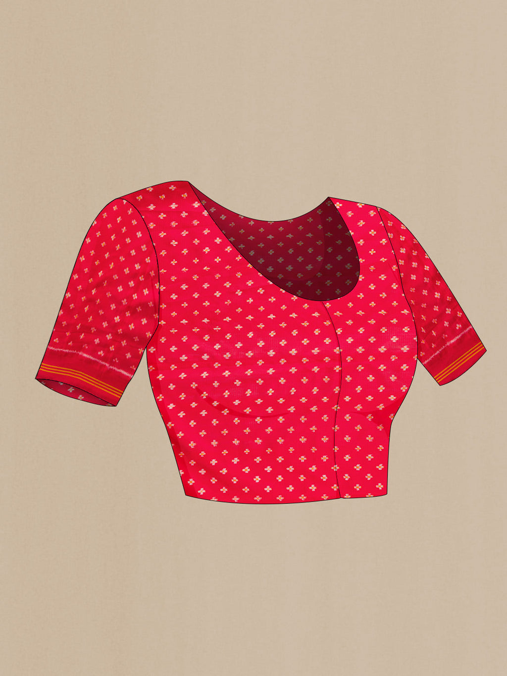 Close up image of the blouse of Red Dual Tone Double Ikat Saree with Plain Body and Ikat Border