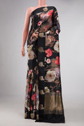 Black Dual Tone Kanchipuram Silk Saree with Printed design on the body and Fancy Border displayed on a mannequin
