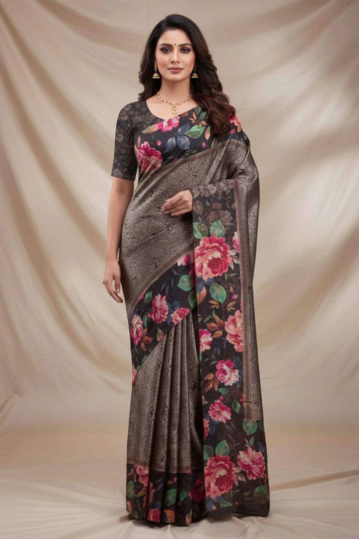 Model wearing a Black Banarasi Silk Saree with Zari Brocade on the body and Printed Border.