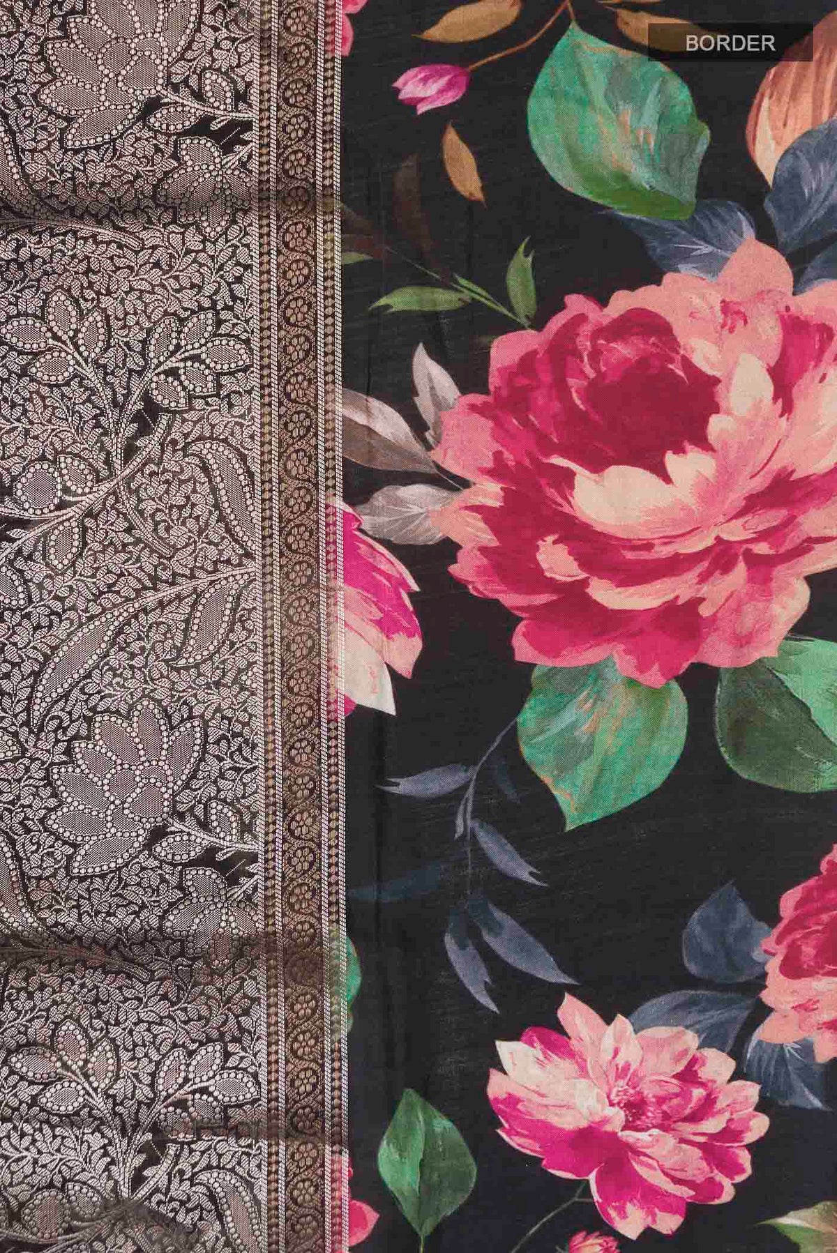 Border image of Black Banarasi Silk Saree with Zari Brocade on the body and Printed Border
