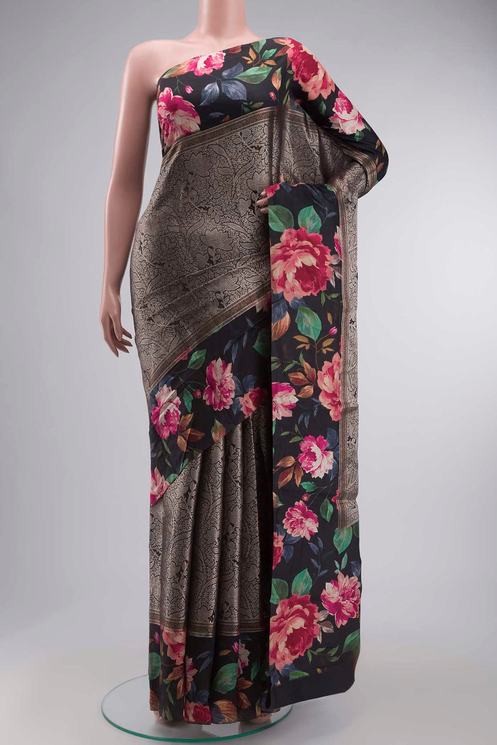 Black Banarasi Silk Saree with Zari Brocade on the body and Printed Border displayed on a mannequin