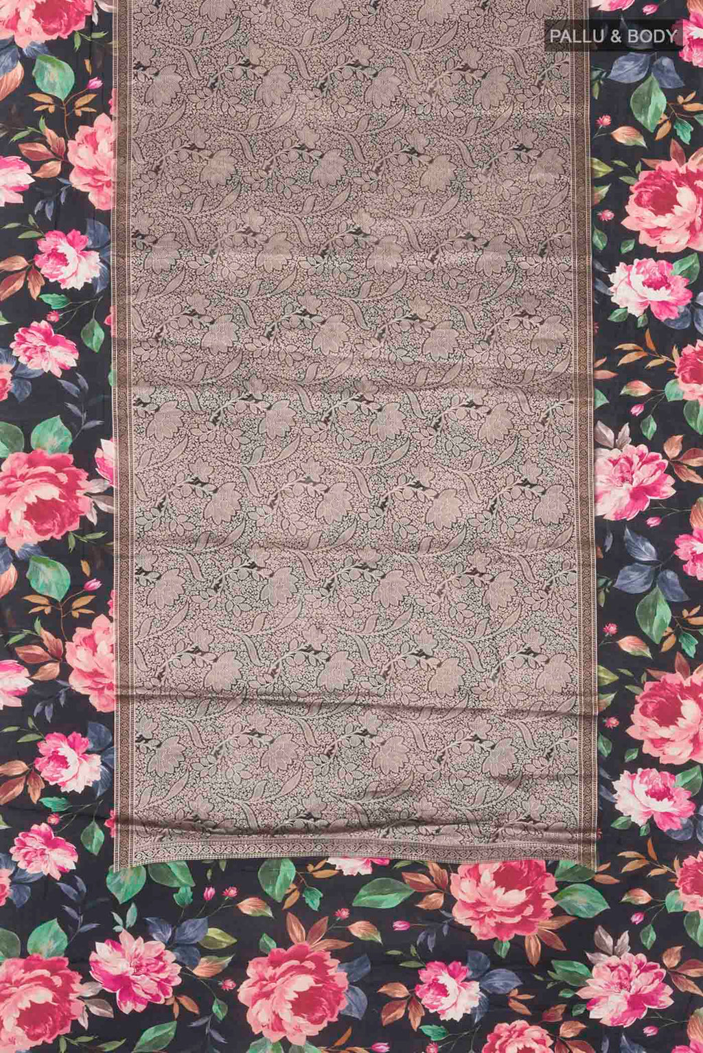 Flat view of Black Banarasi Silk Saree with Zari Brocade on the body and Printed Border