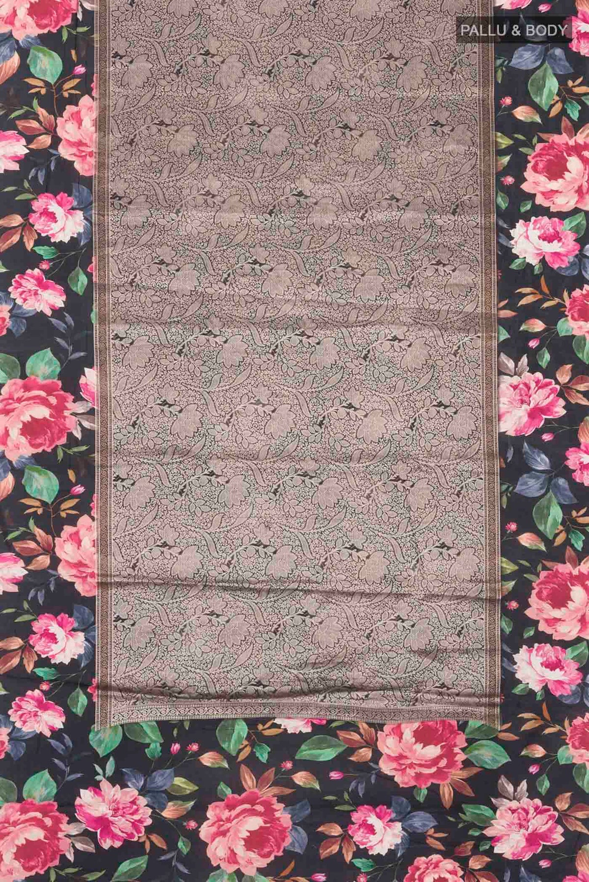 Flat view of Black Banarasi Silk Saree with Zari Brocade on the body and Printed Border
