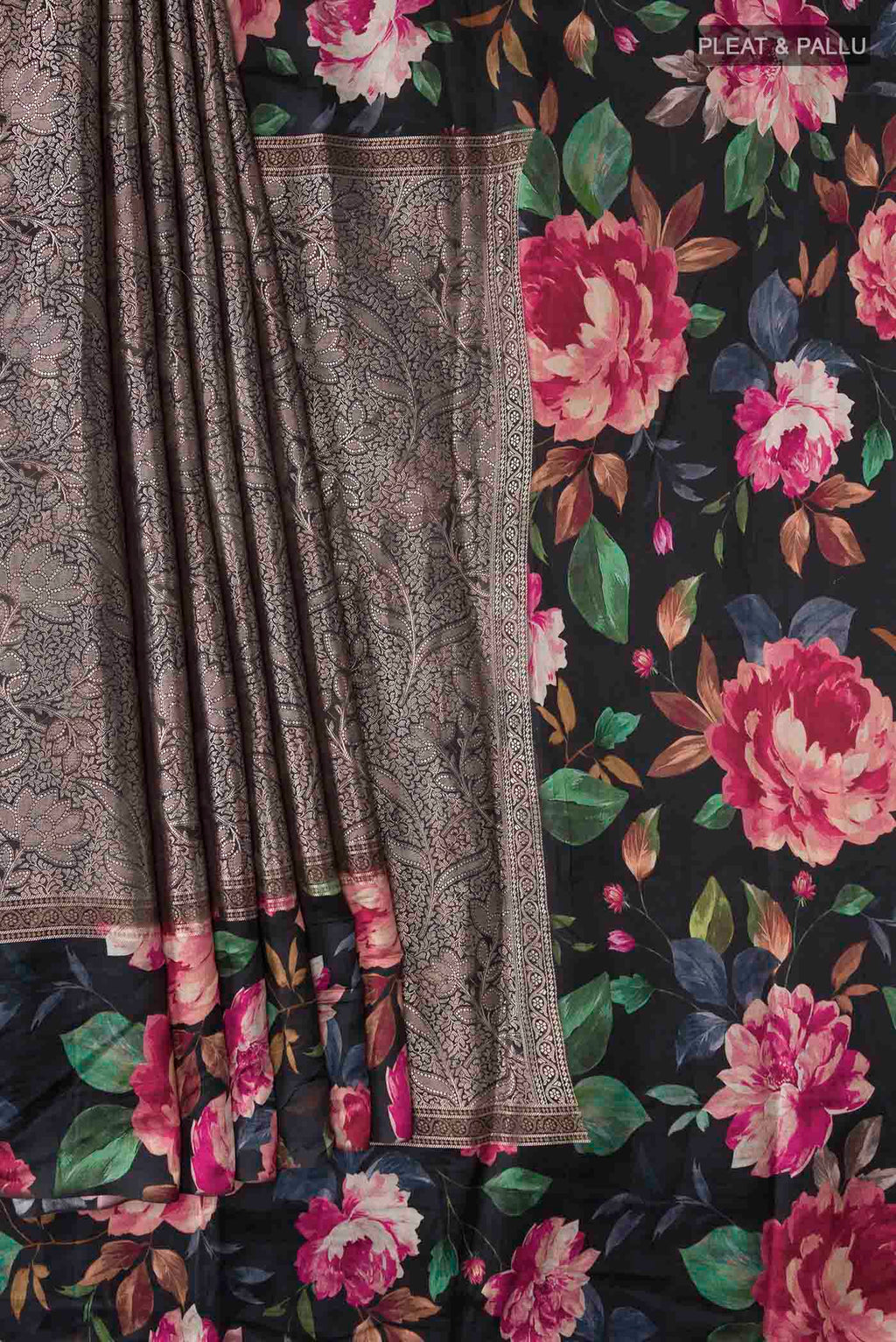 Pleats and pallu of Black Banarasi Silk Saree with Zari Brocade on the body and Printed Border