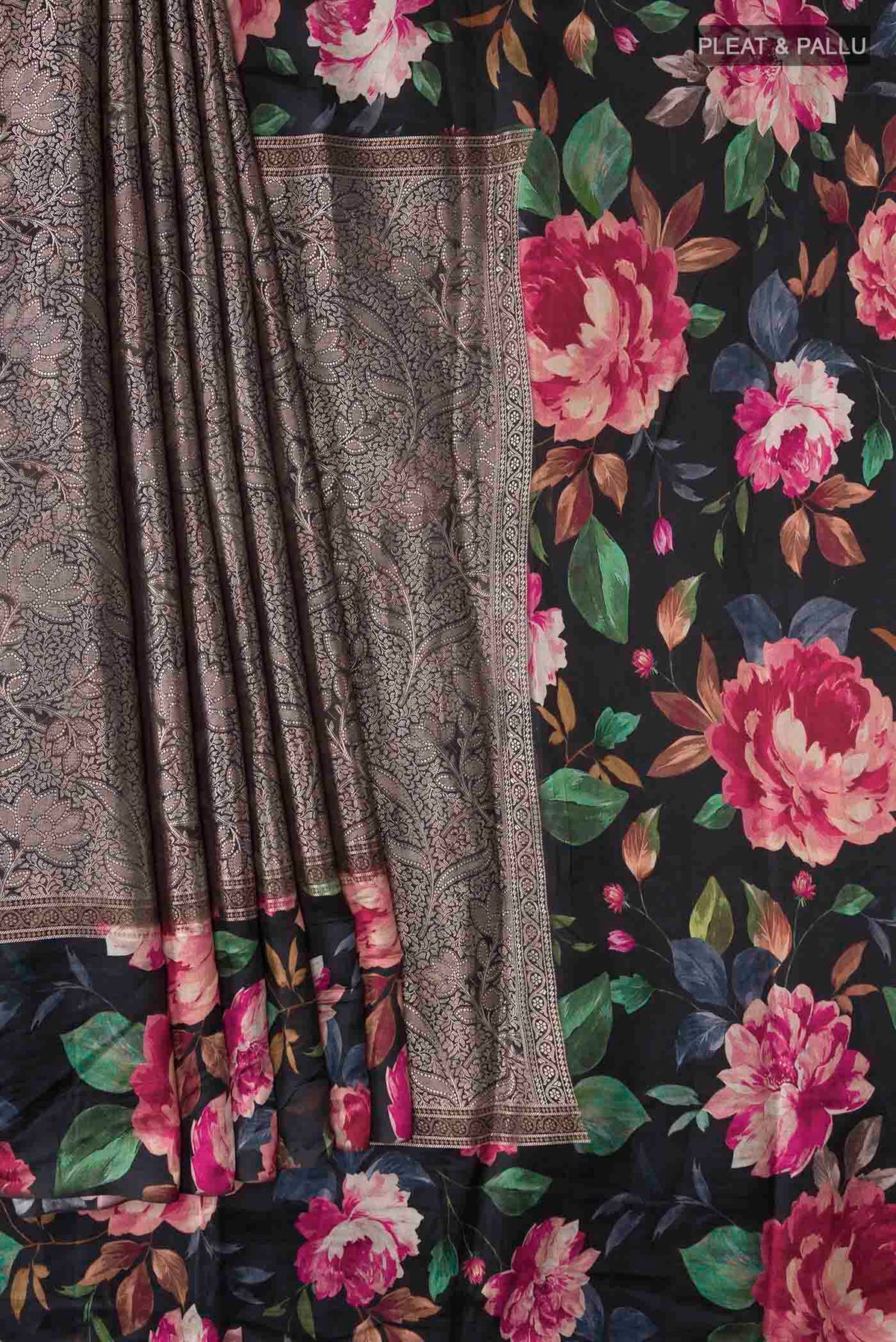 Pleats and pallu of Black Banarasi Silk Saree with Zari Brocade on the body and Printed Border