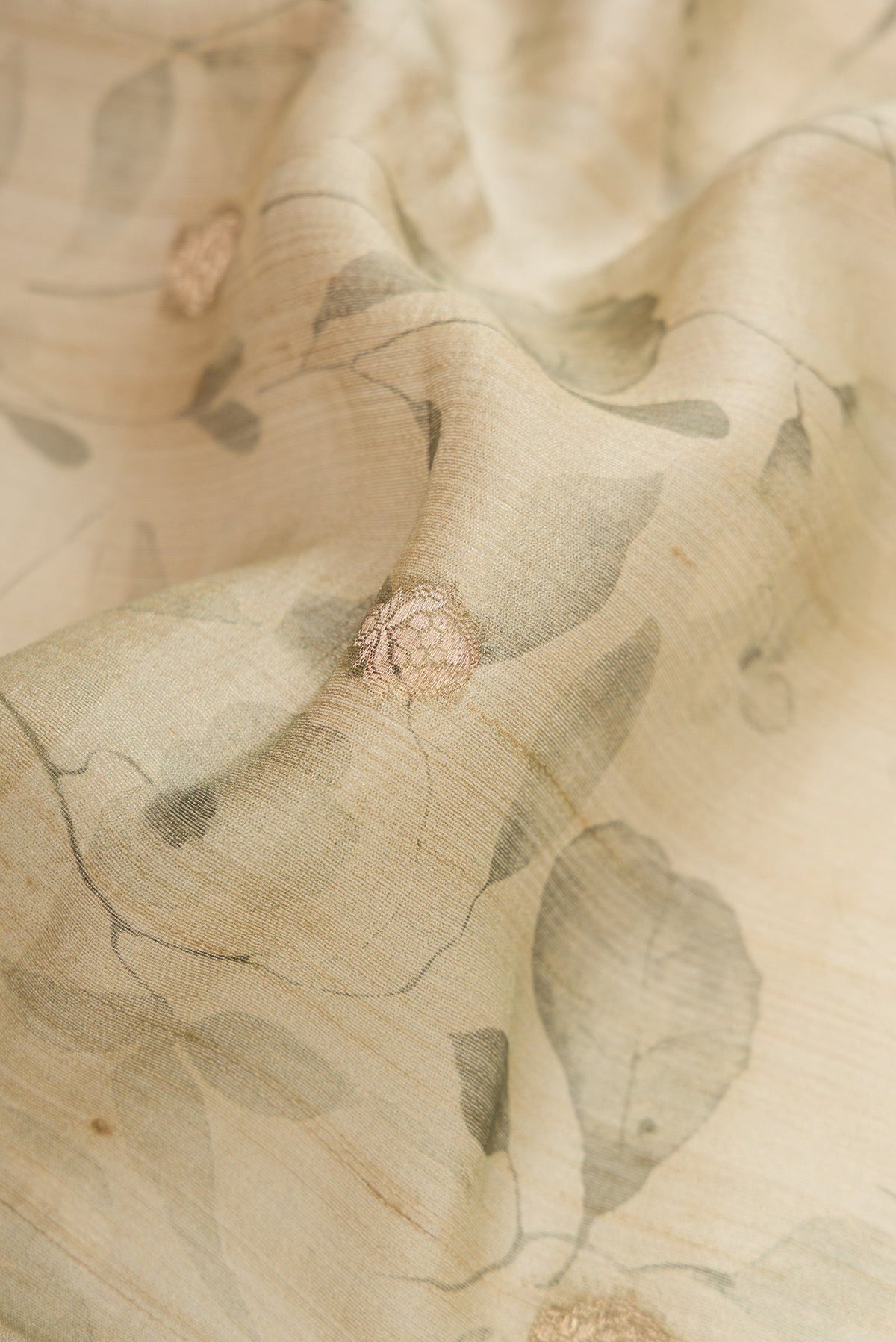 Close up of Grey Dual Tone Tussar Silk Saree with Printed design on the body and Printed Border.  displaying folds