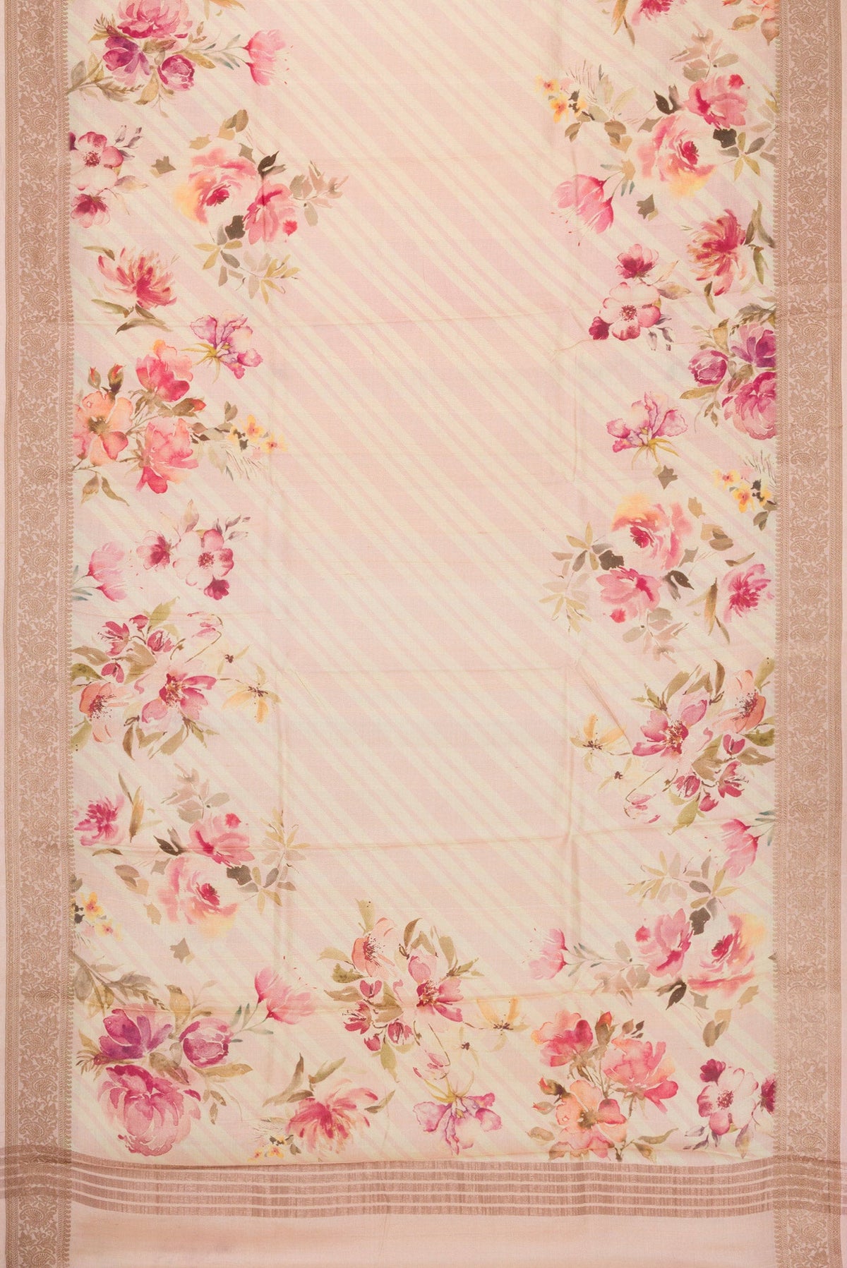 Flat view of Beige Dual Tone Tussar Silk Saree with Printed design on the body and Thread Border. 