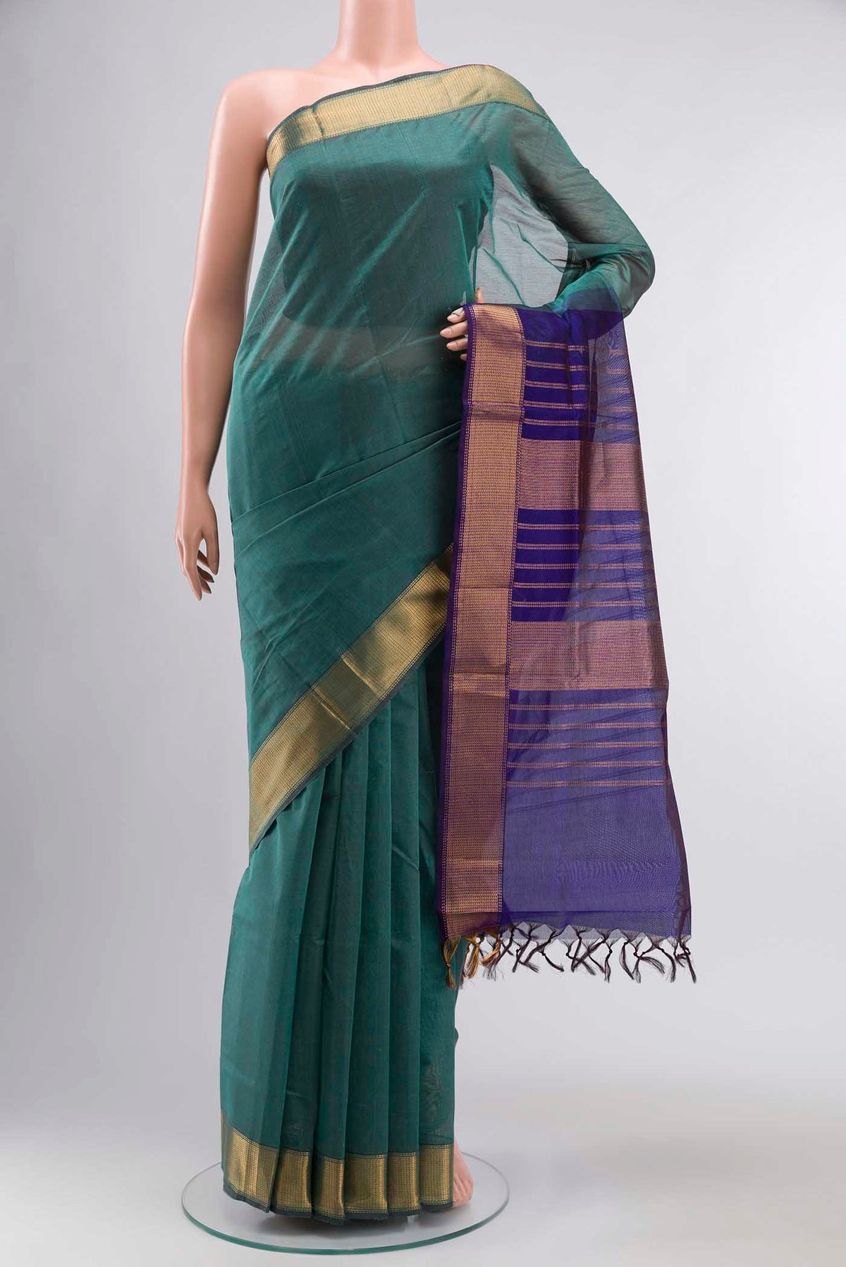 Blue Silk Cotton Saree with Plain Body and Zari Border displayed on a mannequin