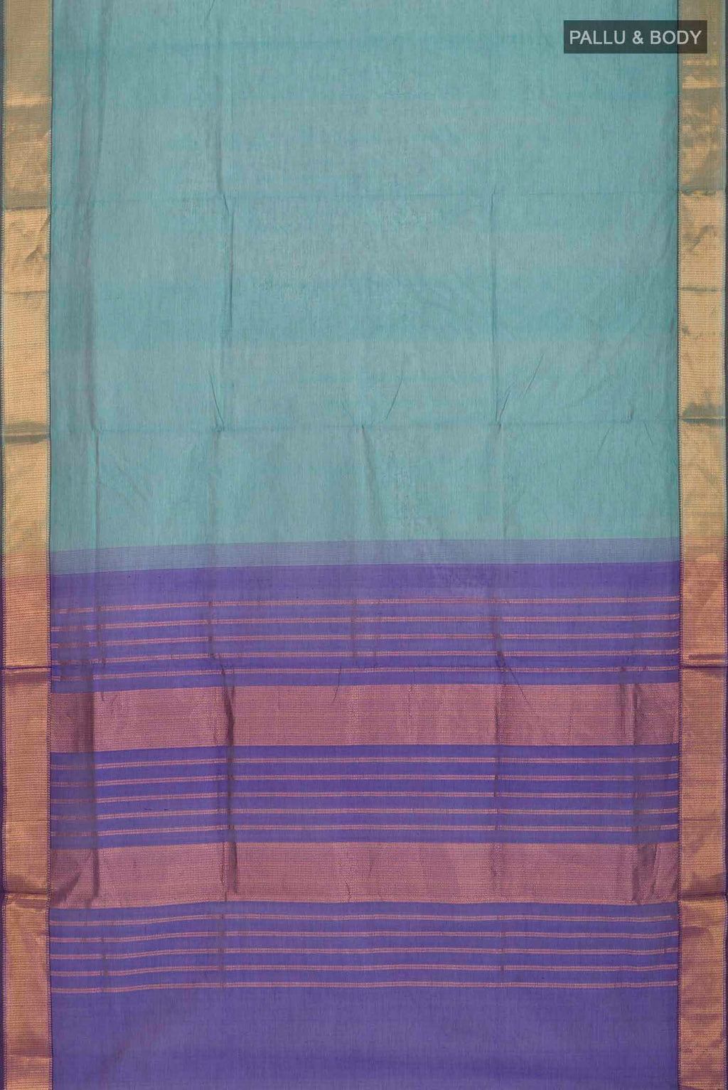 Flat view of Blue Silk Cotton Saree with Plain Body and Zari Border