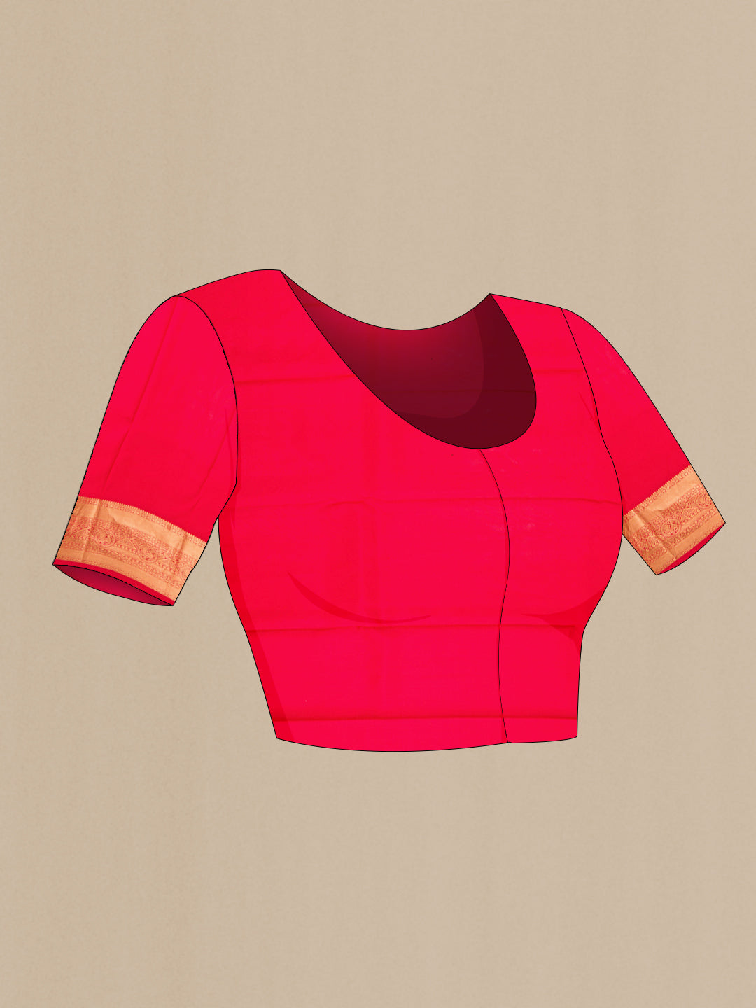 Close up image of the blouse of Red Kanchipuram Silk Saree with Zari Brocade on the body and Zari Border. 