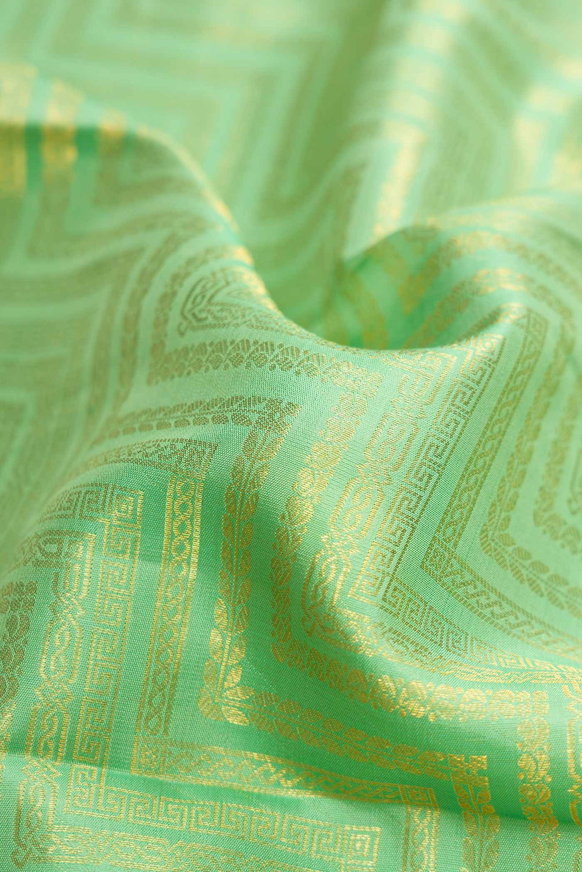 Close up of Pista Green Dual Tone Kanchipuram Silk Saree with Zari Brocade on the body and Zari Border.  displaying folds