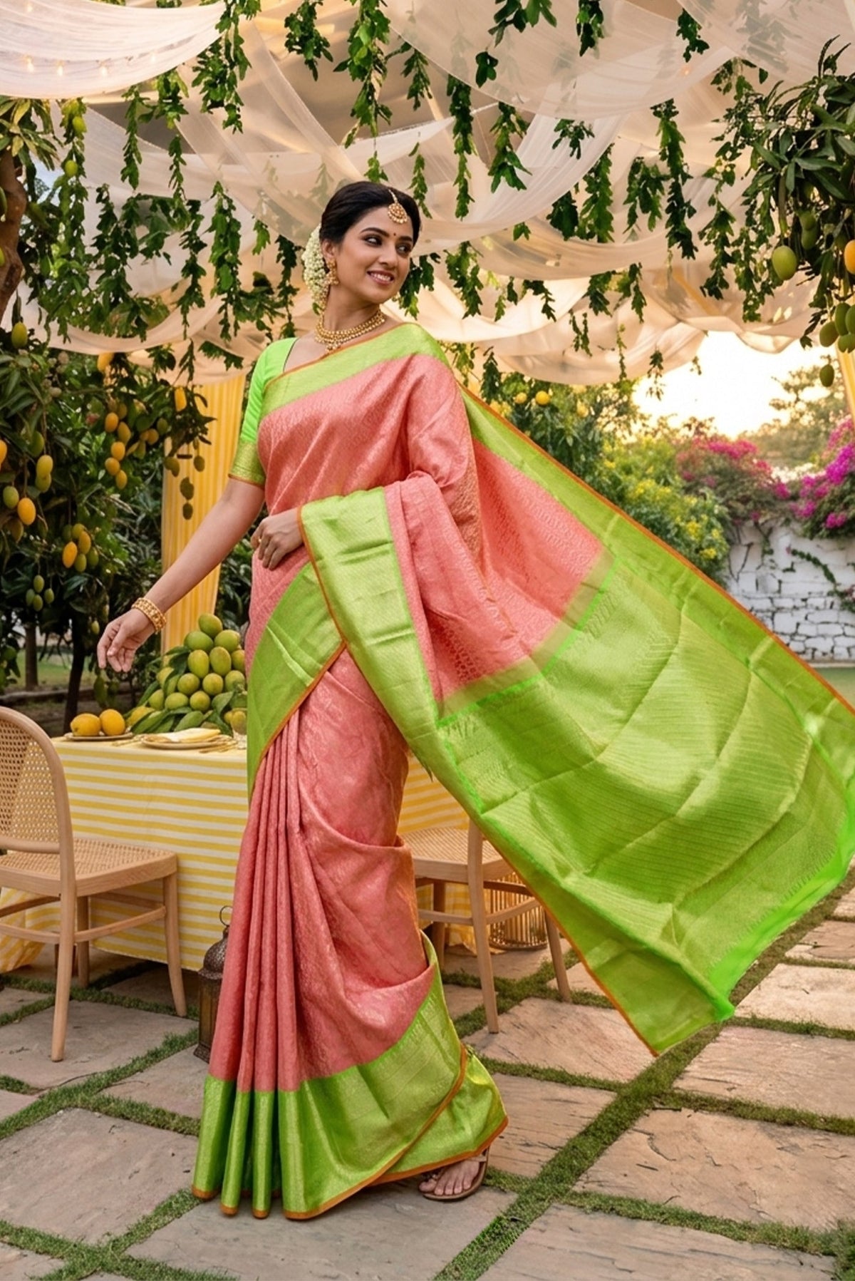 Model wearing a Pink Dual Tone Kanchipuram Silk Saree with Zari Brocade on the body and Zari Border.