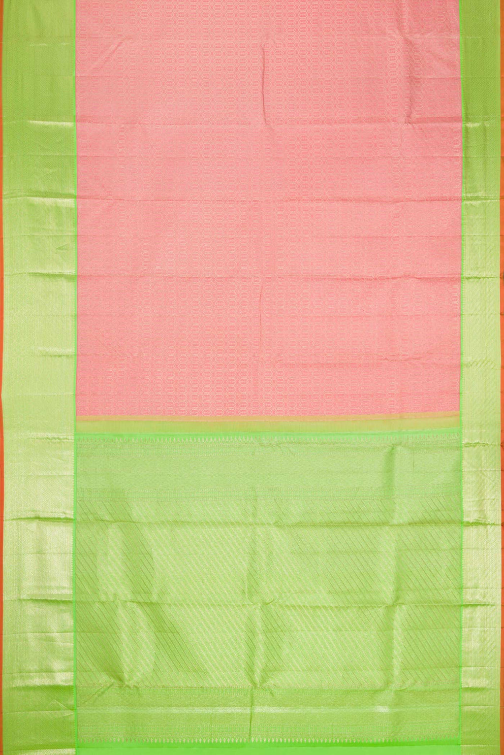 Flat view of Pink Dual Tone Kanchipuram Silk Saree with Zari Brocade on the body and Zari Border