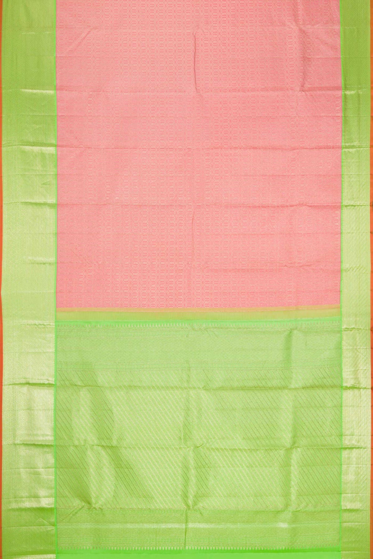 Flat view of Pink Dual Tone Kanchipuram Silk Saree with Zari Brocade on the body and Zari Border