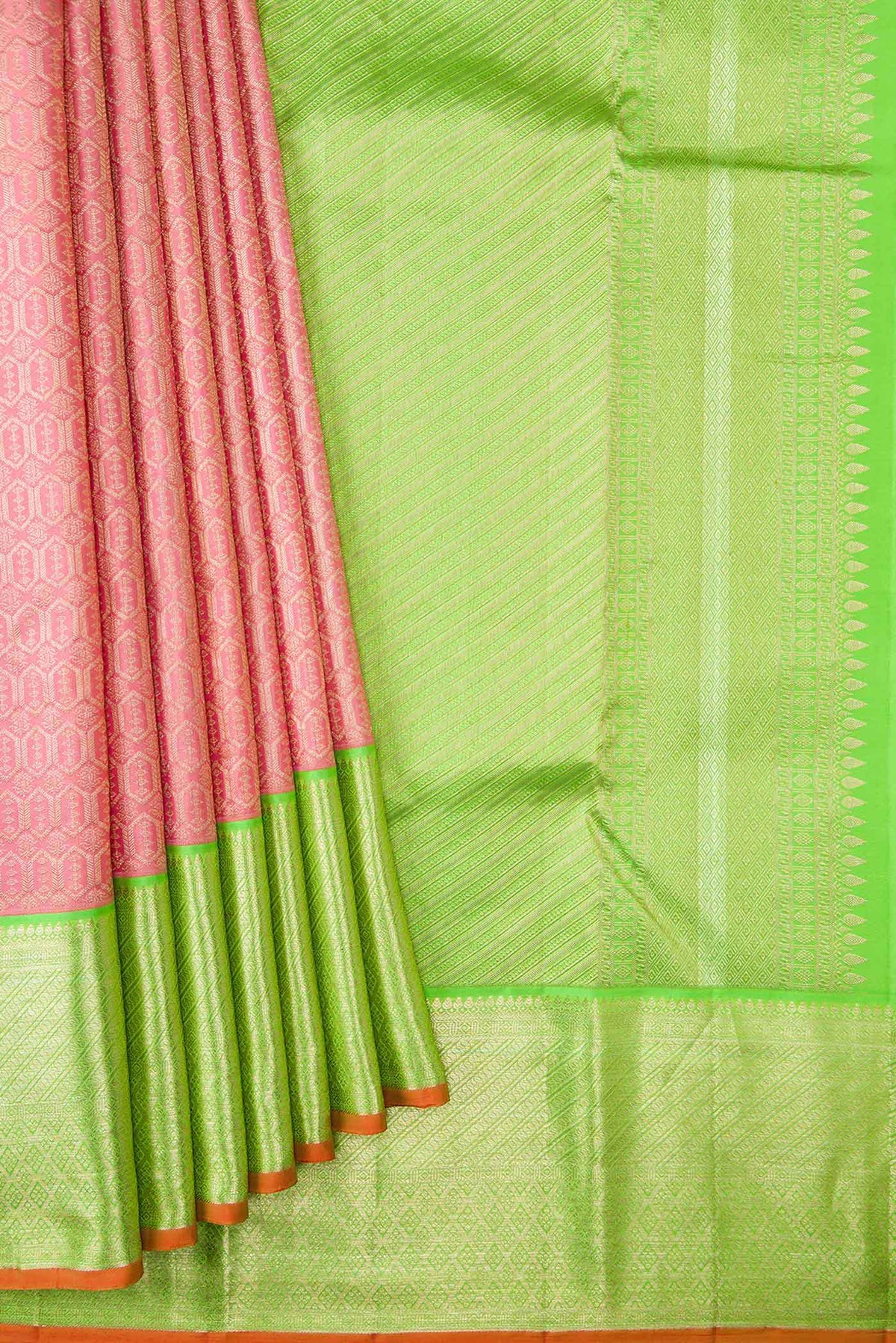 Pleats and pallu of Pink Dual Tone Kanchipuram Silk Saree with Zari Brocade on the body and Zari Border