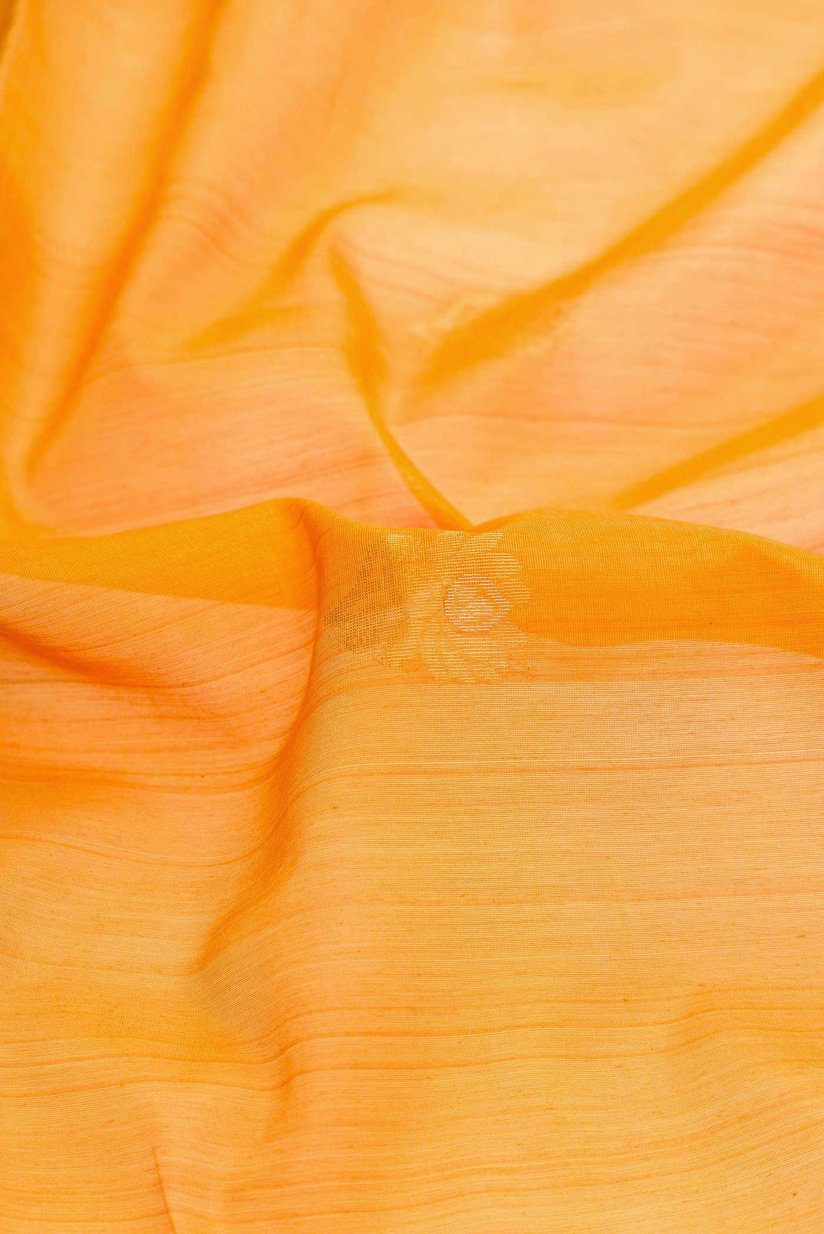 Close up of Mustard Dual Tone Silk Cotton Saree with Zari Butta on the body and Zari Border displaying folds