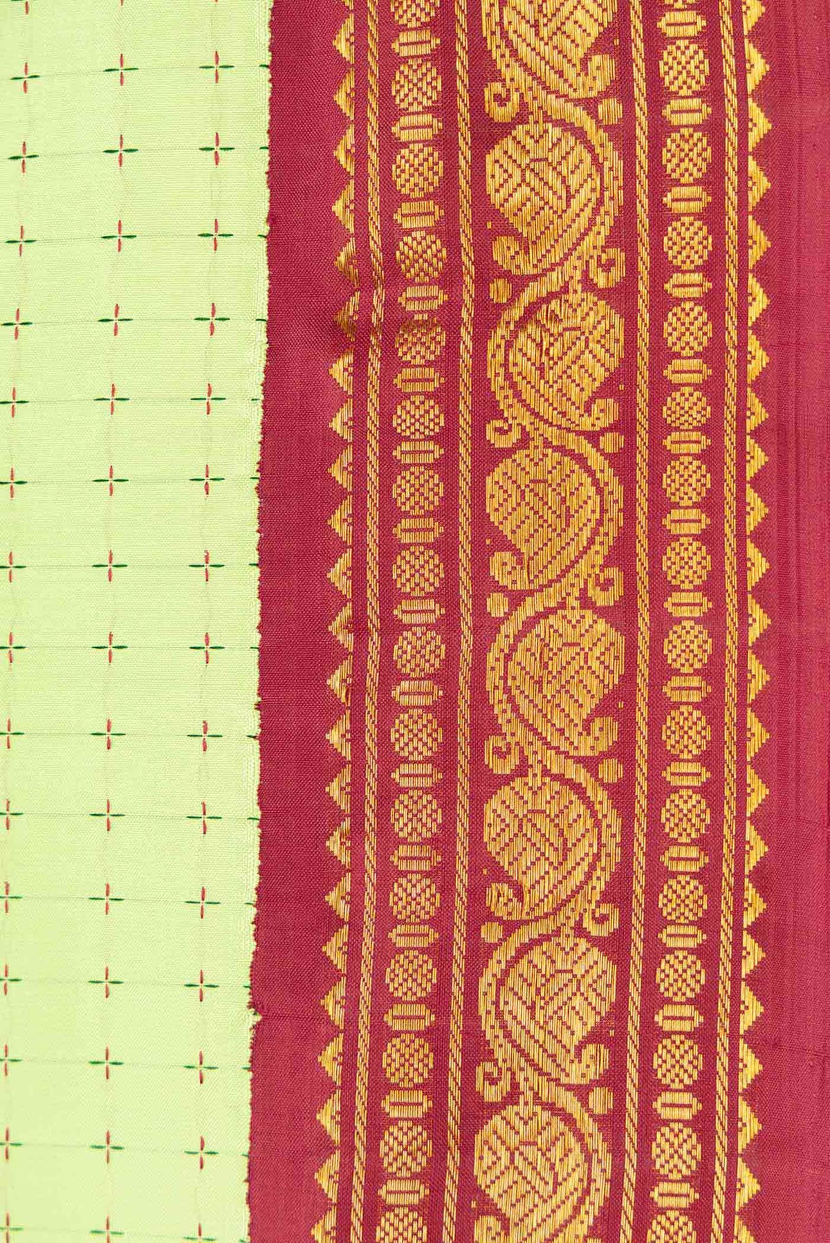 Border image of Pure Silk Pure Zari Parrot Green Dual Tone Kanchipuram Saree with Thread Butta on the body and Ganga Jamuna Border