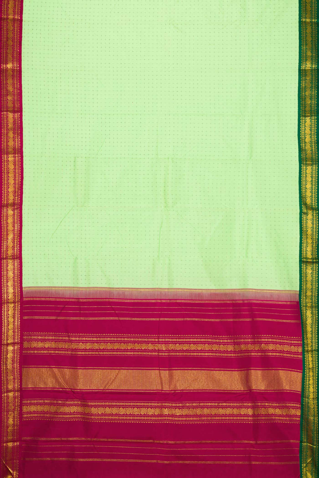Flat view of Pure Silk Pure Zari Parrot Green Dual Tone Kanchipuram Saree with Thread Butta on the body and Ganga Jamuna Border