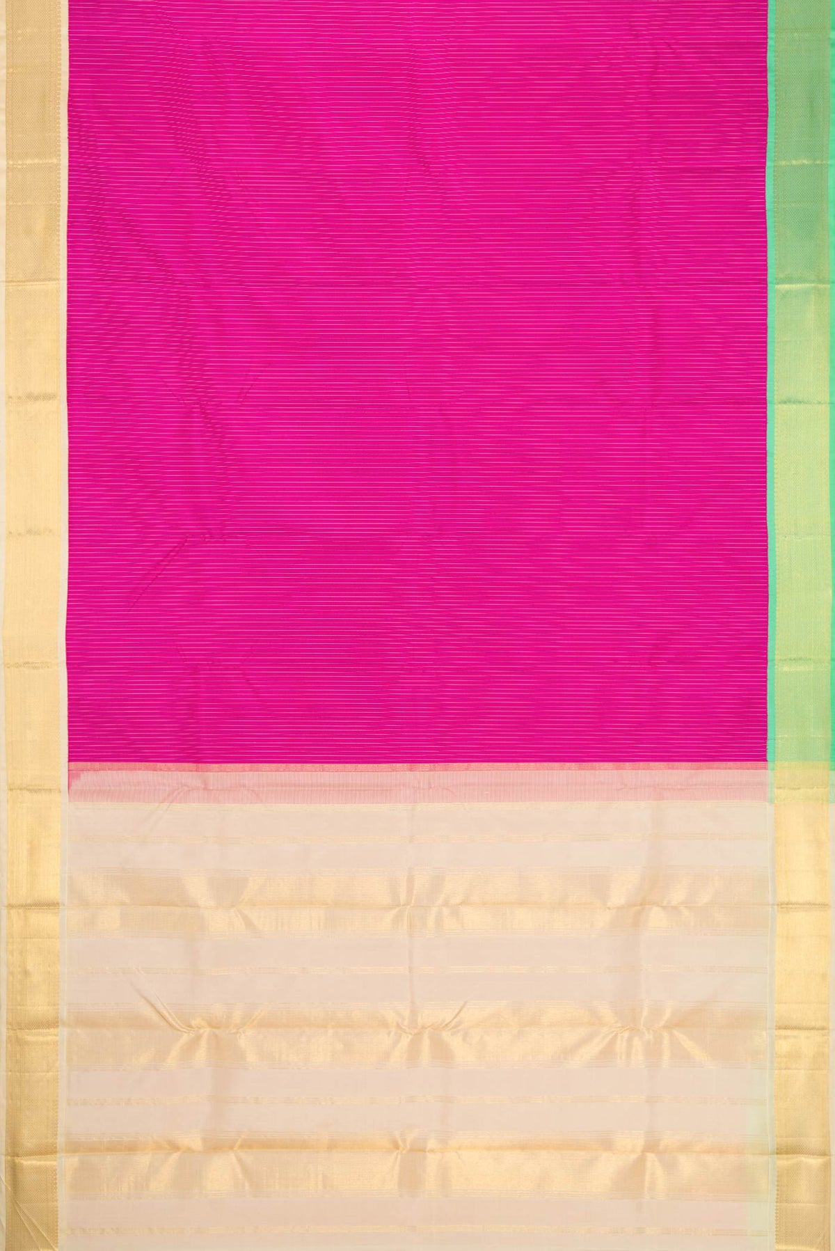 Flat view of Pink Dual Tone Kanjivaram Silk Saree with Stripes on the body and Ganga Jamuna Border. 