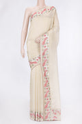 Beige Dual Tone Mysore Georgette Saree with Plain Body and Embroidery Border.  displayed on a mannequin