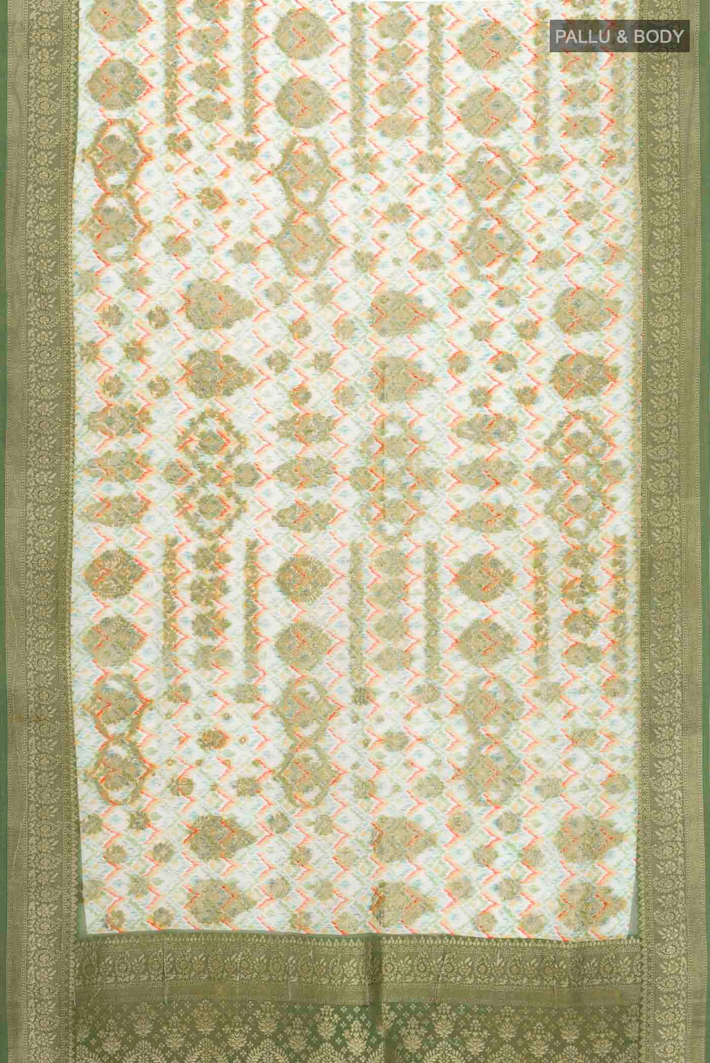 Flat view of Off White Banarasi Georgette Saree with Printed design on the body and Zari Border