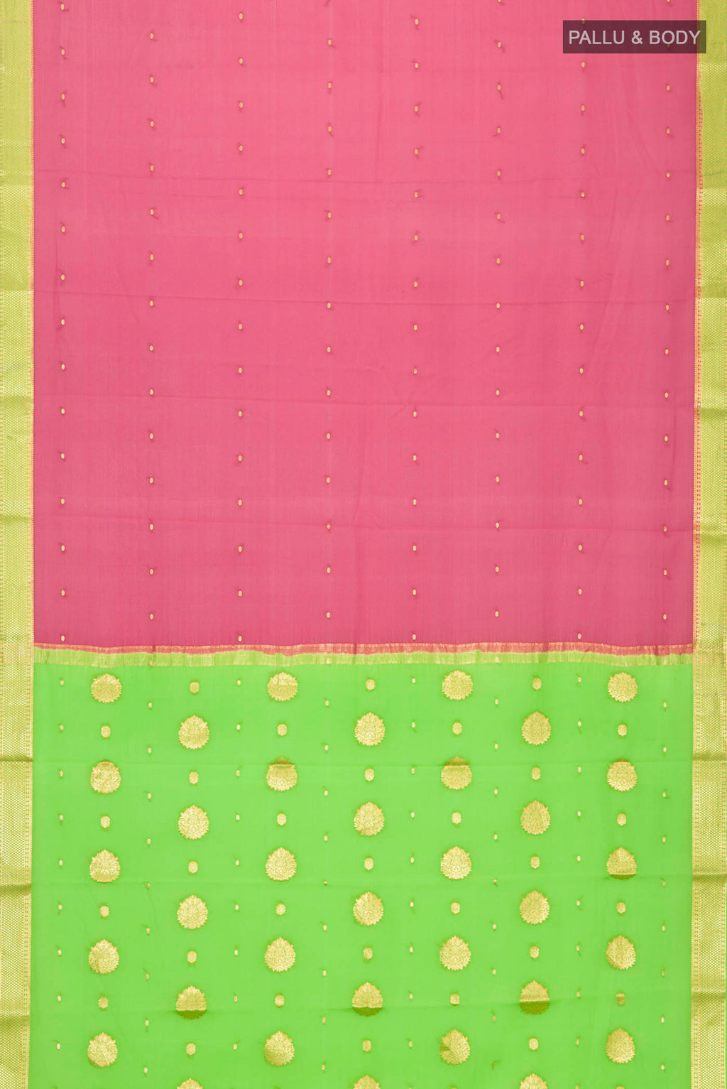Flat view of Pink Mysore Crepe Saree with Zari Butta on the body and Zari Border