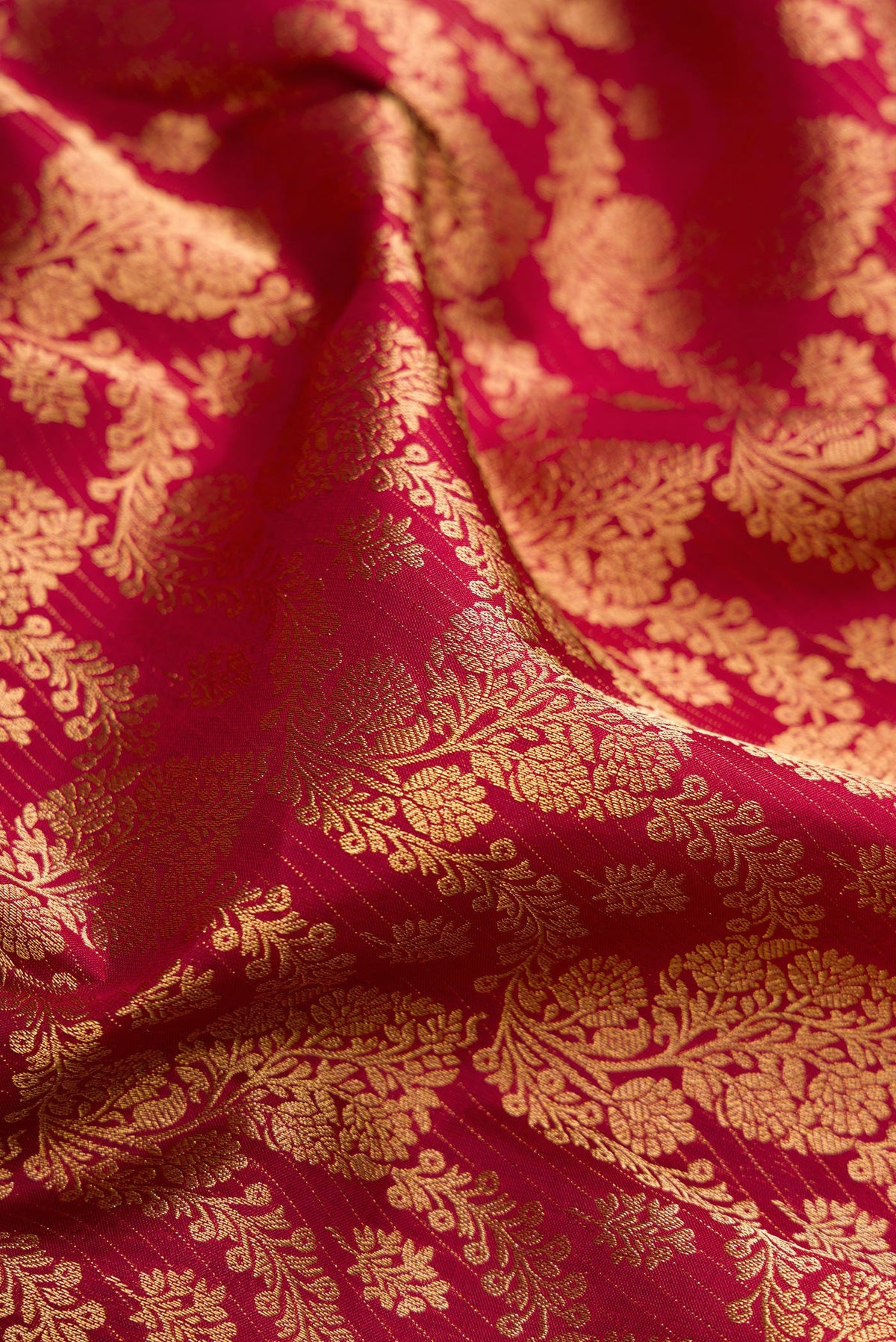 Close up of Maroon Kanchipuram Silk Saree with Zari Brocade on the body and Zari Border.  displaying folds