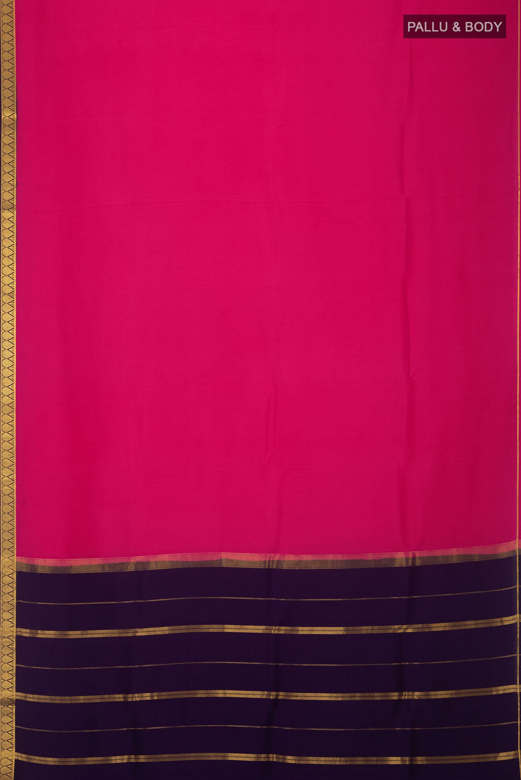 Flat view of Pure Silk Pure Zari Pink Mysore Crepe Saree with Plain Body and Zari Border