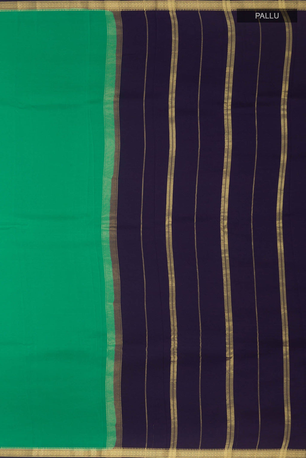 Close up image of the pallu of Pure Silk Pure Zari Green Mysore Crepe Saree with Plain Body and Zari Border