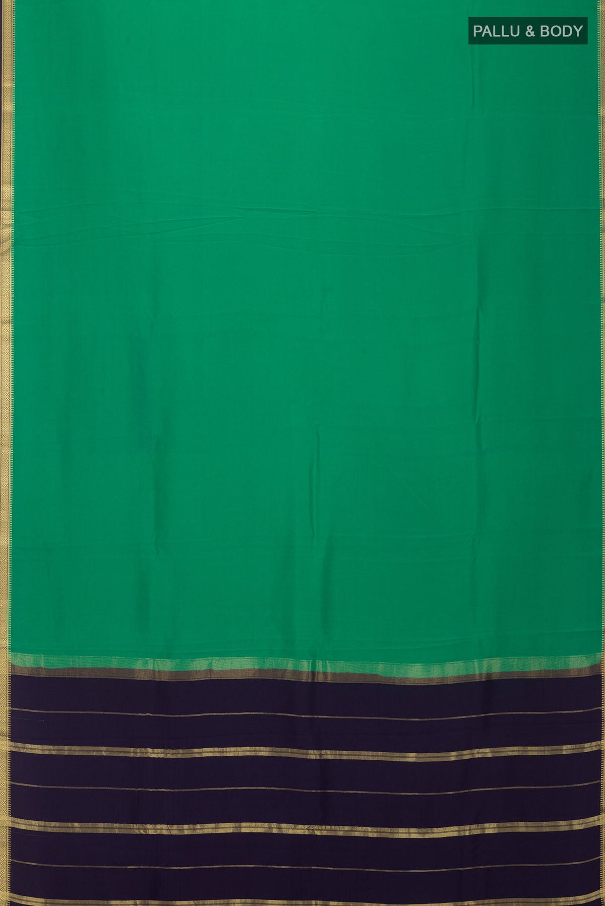 Flat view of Pure Silk Pure Zari Green Mysore Crepe Saree with Plain Body and Zari Border