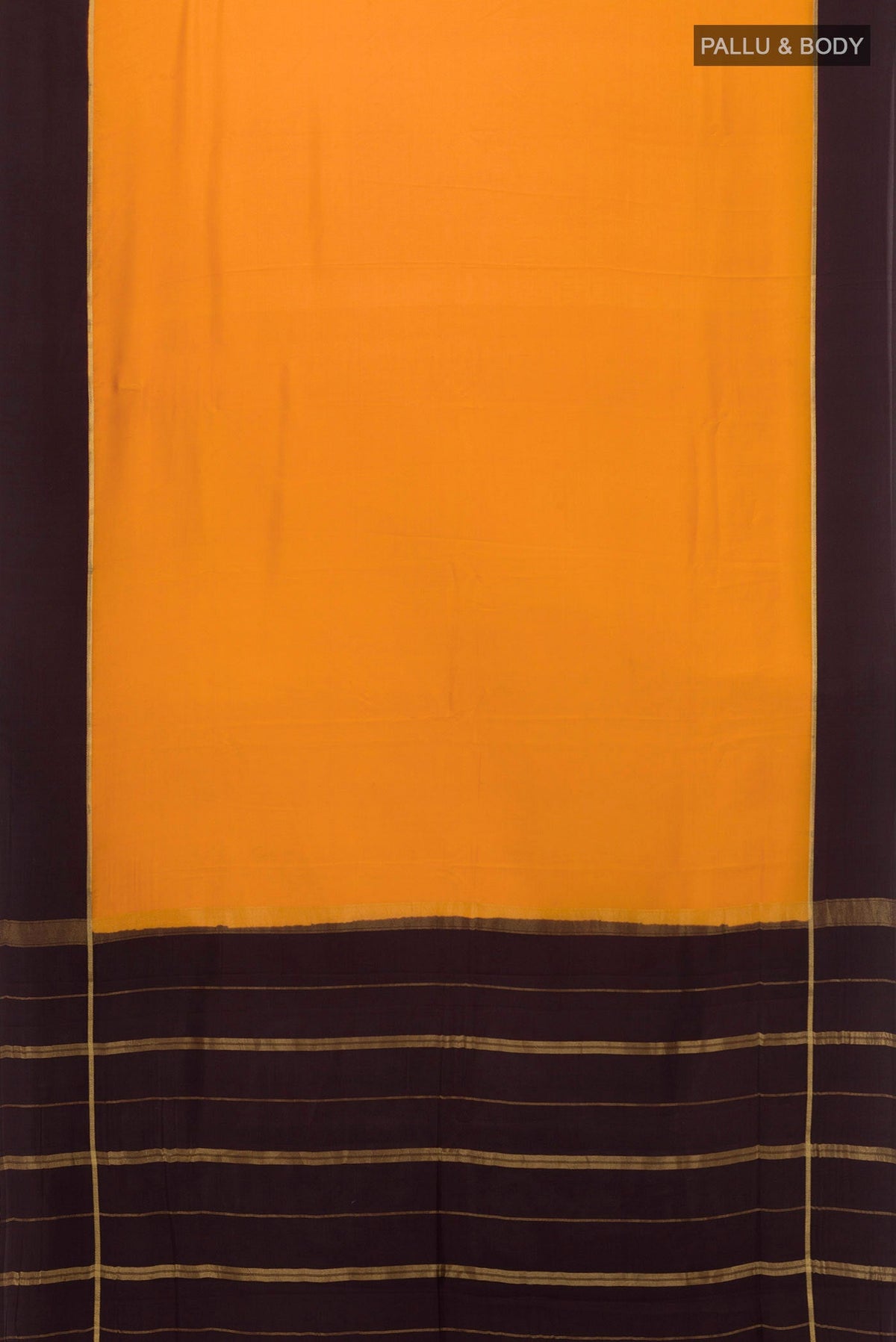 Flat view of Pure Silk Pure Zari Yellow Mysore Crepe Saree with Plain Body and Zari Border