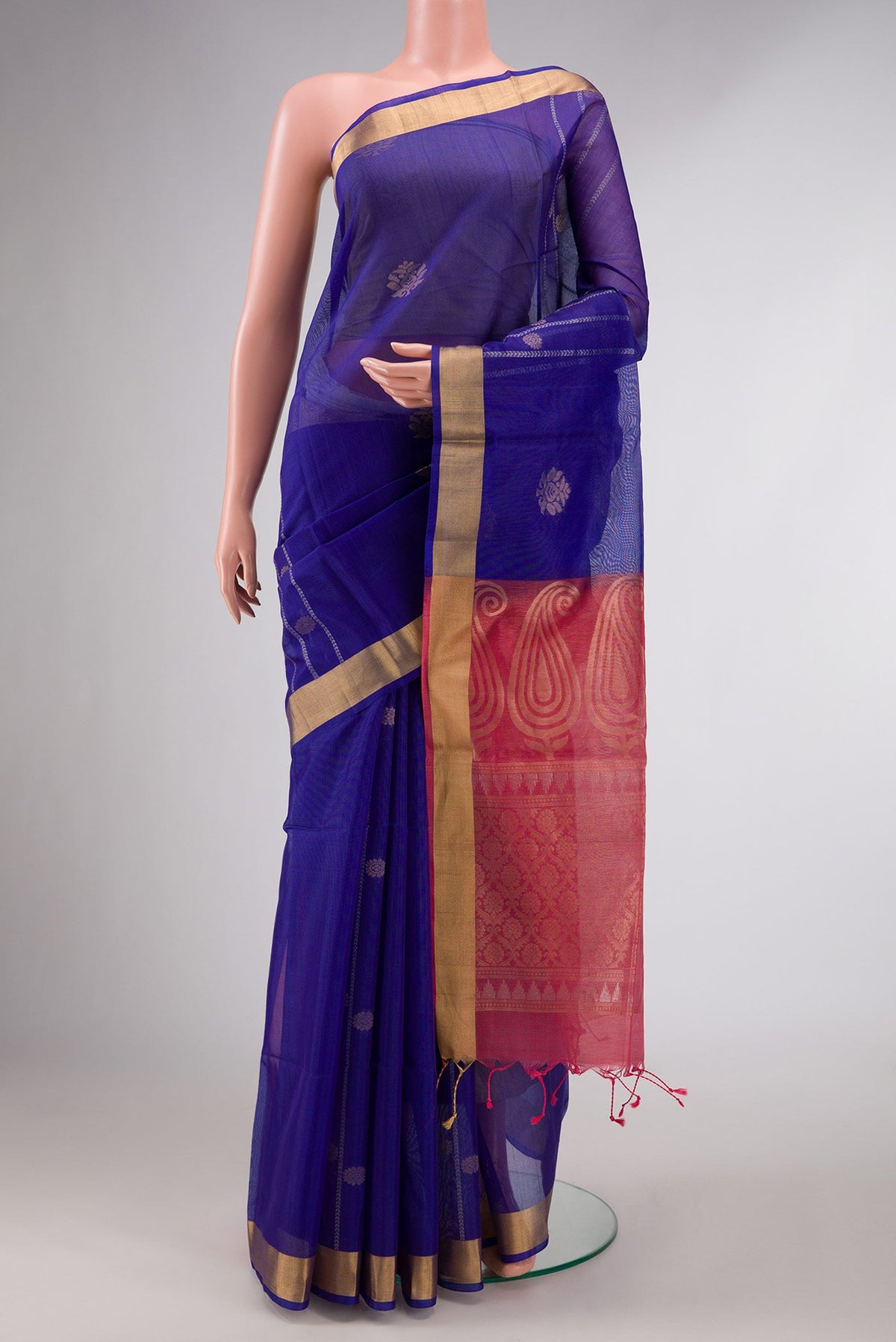 Royal Blue Dual Tone Silk Cotton Saree with Zari Butta on the body and Zari Border displayed on a mannequin
