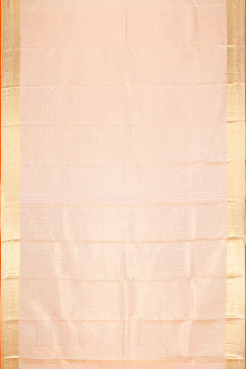Flat view of Golden Peach Dual Tone Kanchipuram Silk Saree with Zari Brocade on the body and Zari Border