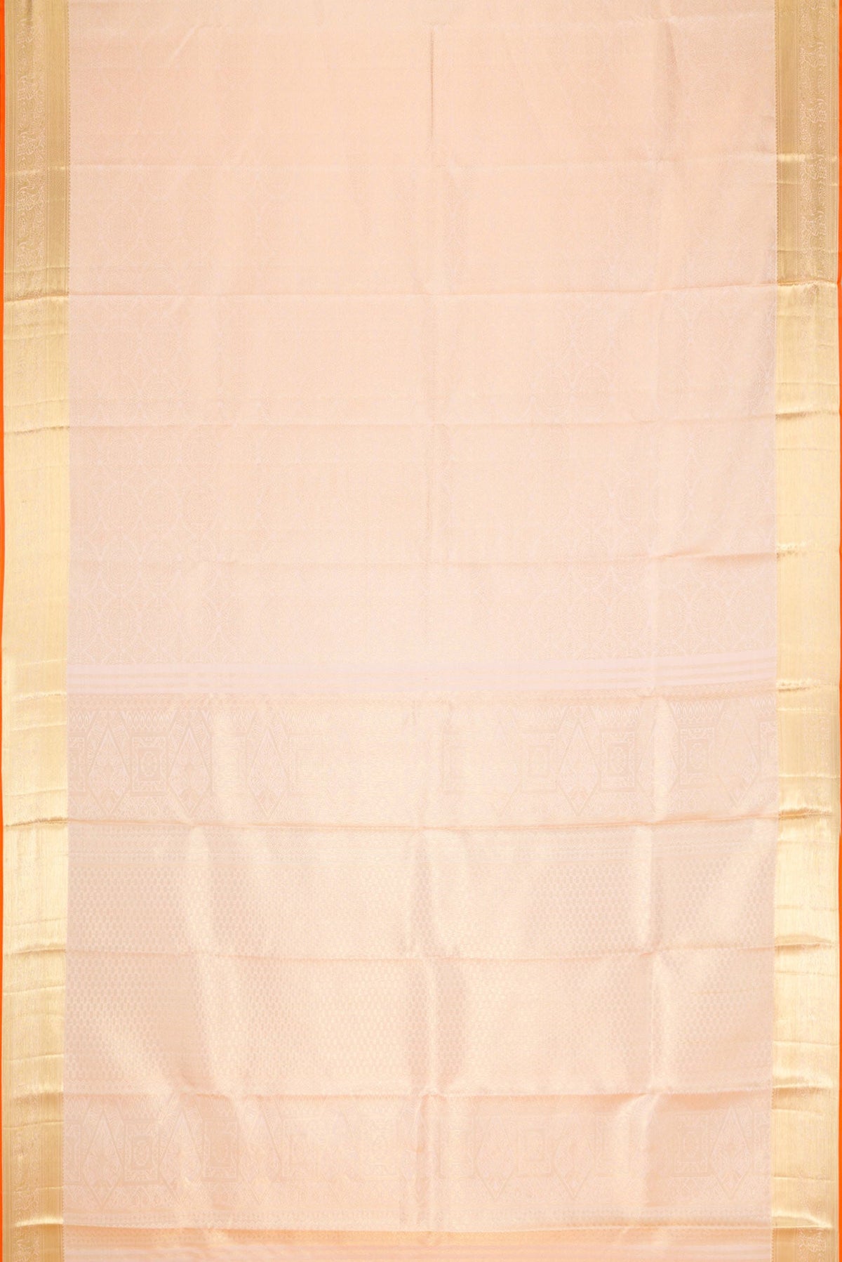 Flat view of Golden Peach Dual Tone Kanchipuram Silk Saree with Zari Brocade on the body and Zari Border
