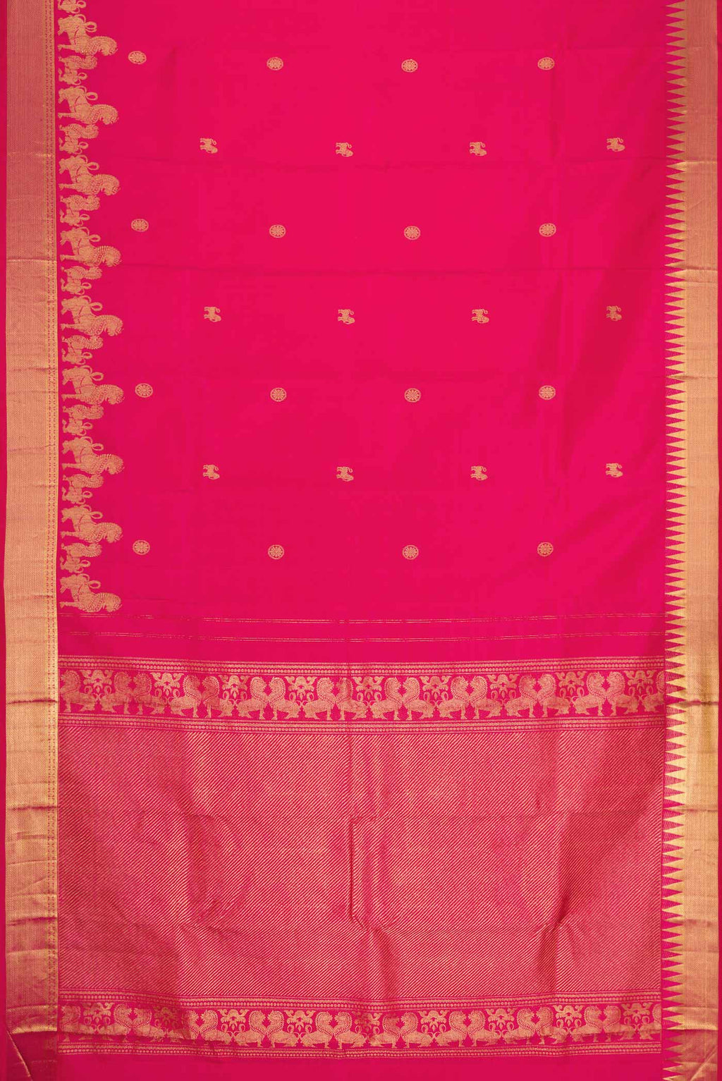 Flat view of Dark Pink Dual Tone Kanchipuram Silk Saree with Zari Butta on the body and Zari Border