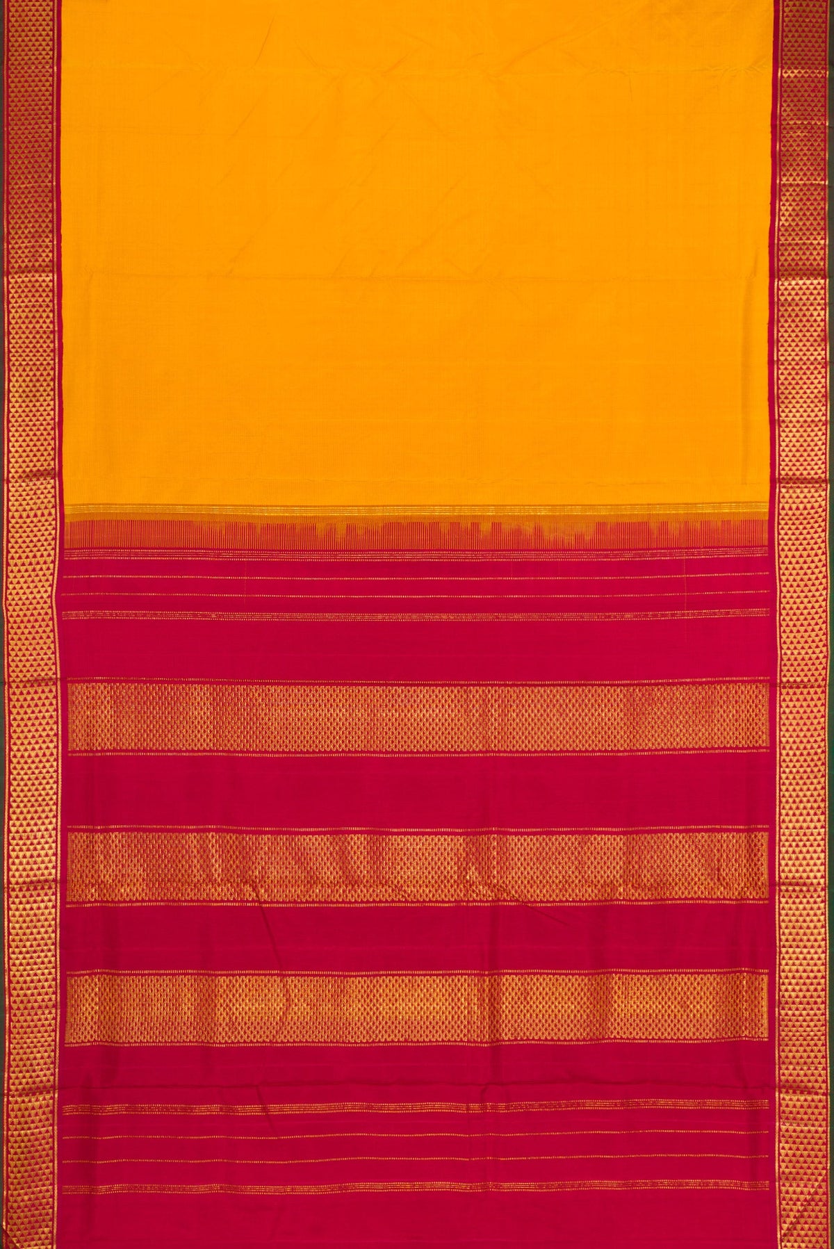 Flat view of Mustard Dual Tone Kanjivaram Silk Nine Yards Saree with Stripes on the body and Zari Border. 