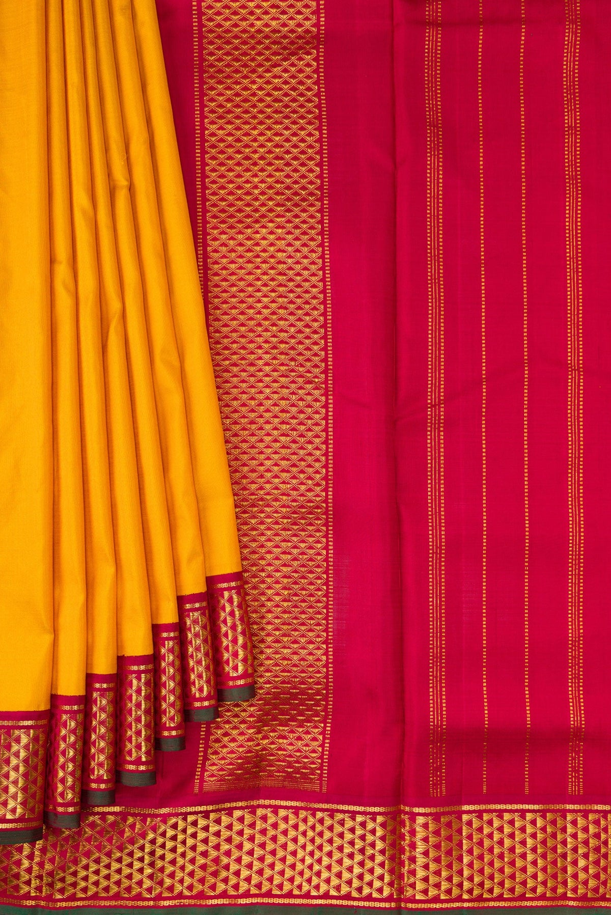 Pleats and pallu of Mustard Dual Tone Kanjivaram Silk Nine Yards Saree with Stripes on the body and Zari Border. 