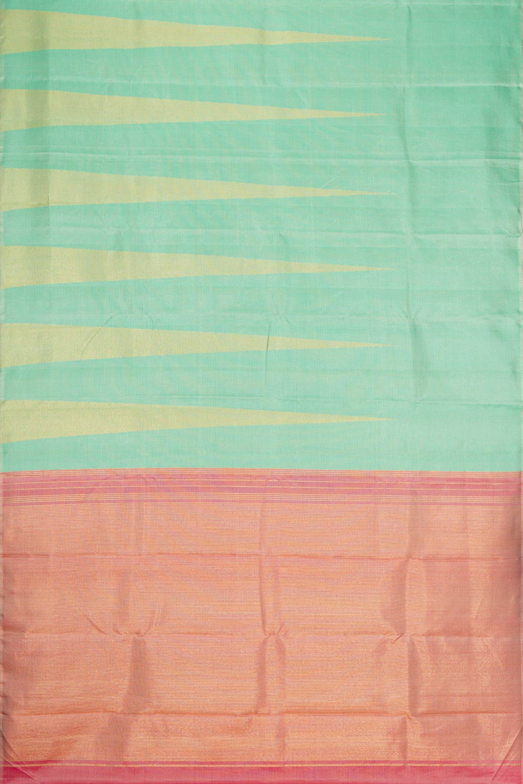 Flat view of Pure Silk Pure Zari Pista Green Dual Tone Kanchipuram Saree with Checked design on the body and Fancy Border